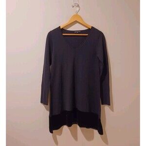 Eileen Fisher V-neck Merino Wool Long Sleeve Top Black Sweater Velvet Hem XS